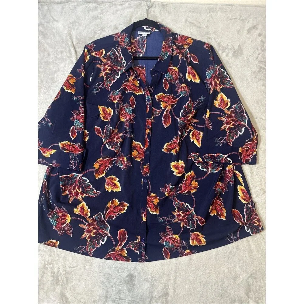 Catherines 3X Blouse Navy Multicolor Leaf Print Stretch Button Front 3/4 Sleeve - Picture 3 of 10